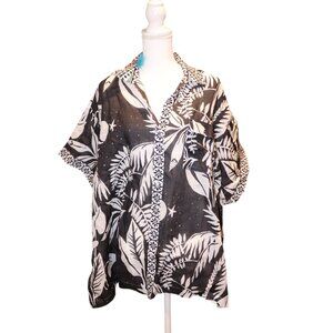 Johnny Was Camp Shirt Palmas Black & White Floral Ramie 1X NWT